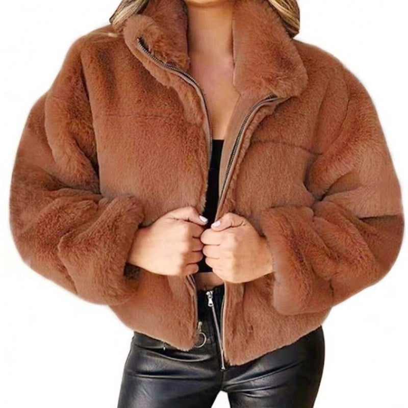 Women’s short-cut cuddly fleece quilted jacket with stand-up collar and zipper Mune Fashion