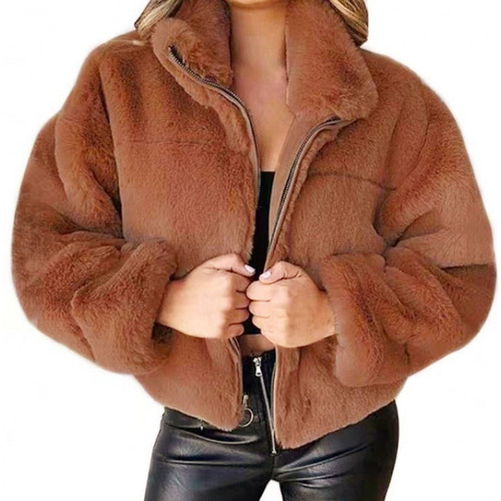Women’s short-cut cuddly fleece quilted jacket with stand-up collar and zipper Mune Fashion