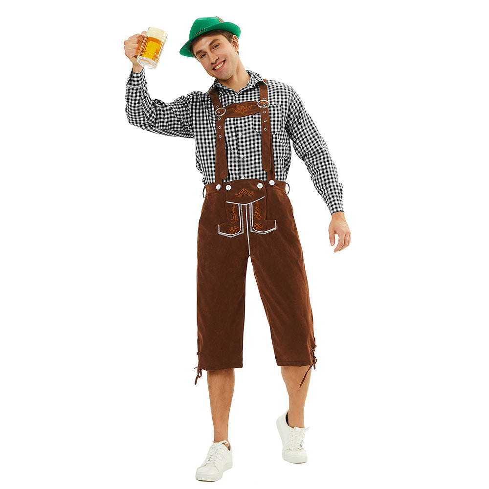 Men's traditional Bavarian leather shorts knee-length with embroidered suspenders Mune Fashion