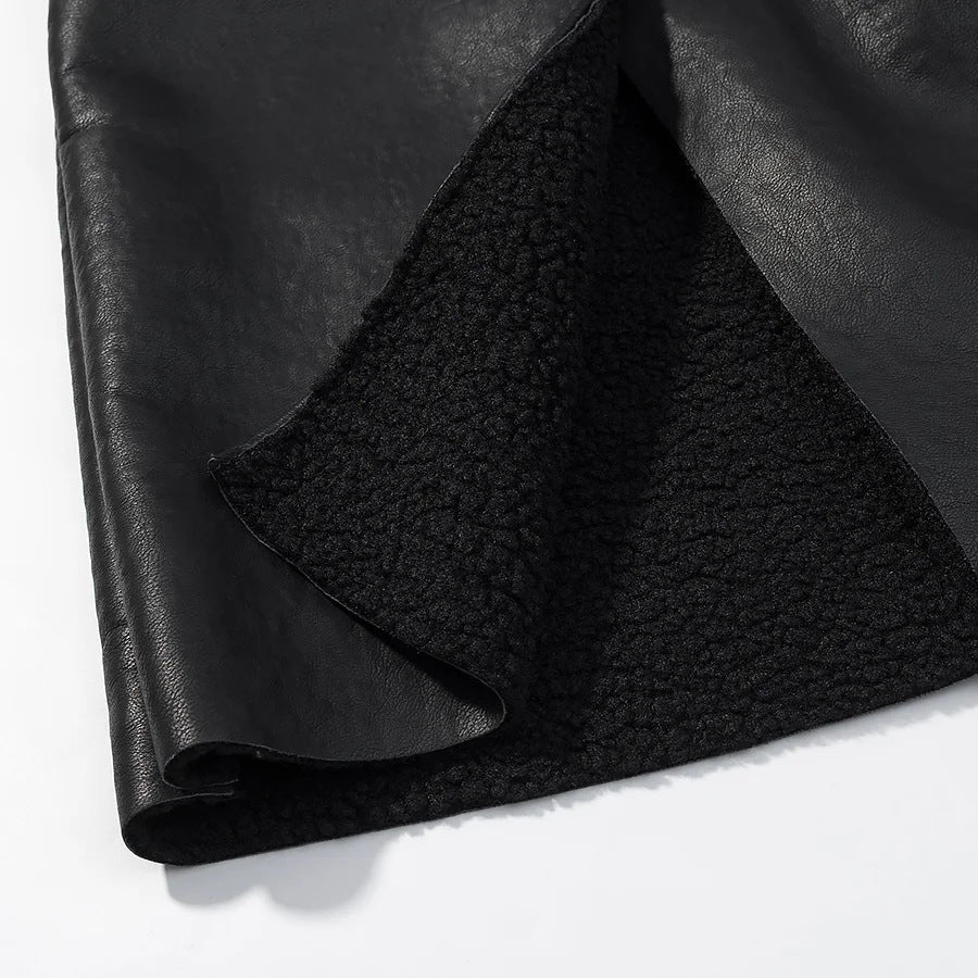 Women nan longer faux leather coat with teddy lining, wide shawl collar and tie belt Mune Fashion