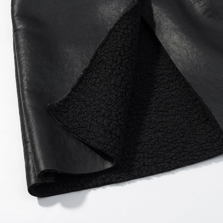 Women nan longer faux leather coat with teddy lining, wide shawl collar and tie belt Mune Fashion