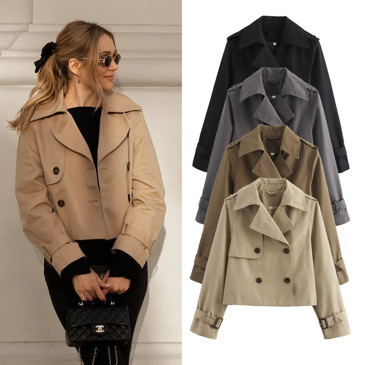 Ladies Cropped Trench Coat in Boxy Cut with Double Breasted and Cuff Straps Mune Fashion