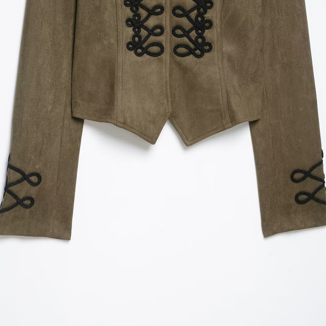 Women's Cropped Velvet Jacket with Military Decorative Cord and Tailored Cut Mune Fashion