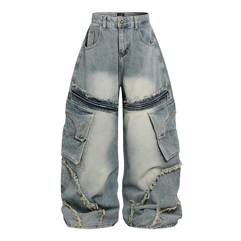 Women's Wide High-Waist Cargo Jeans in Baggy Look with Distressed Details and Zipper Panel Mune Fashion