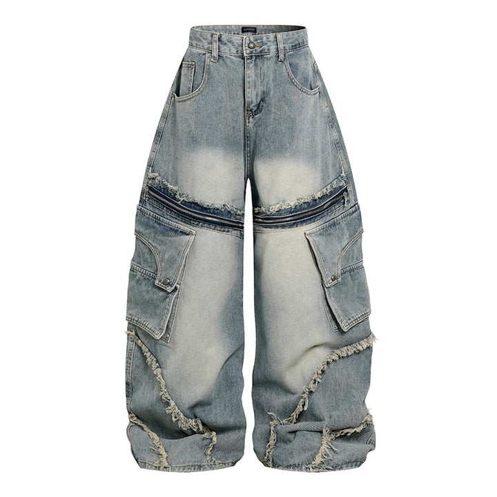 Women's Wide High-Waist Cargo Jeans in Baggy Look with Distressed Details and Zipper Panel Mune Fashion