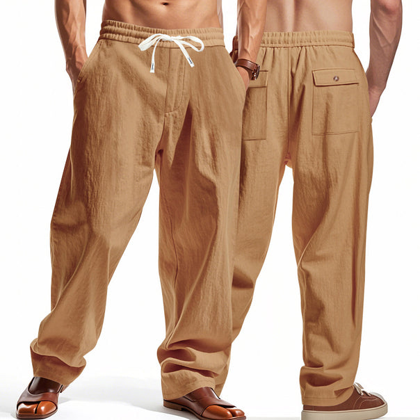 Men's wide comfort trousers in linen blend with elastic drawstring, straight leg, and patch back pockets Mune Fashion