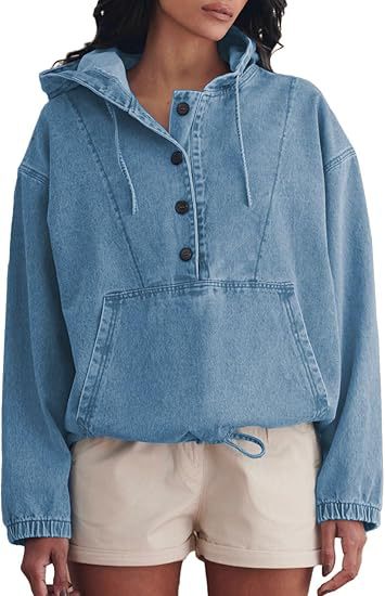 Women's denim hoodie with half button placket, kangaroo pocket, and drawstring hem Mune Fashion