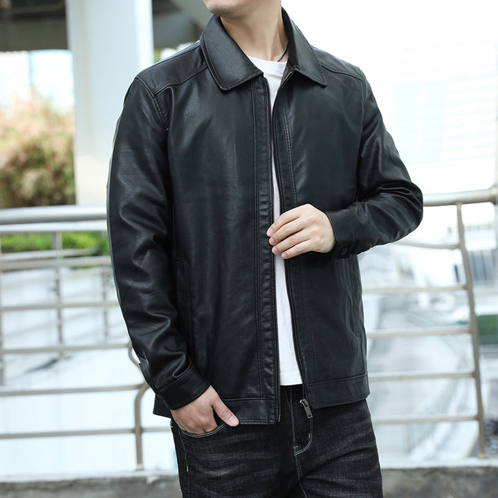 Men's Genuine Leather Blouson with Shirt Collar, Slim Fit and Concealed Zipper Mune Fashion