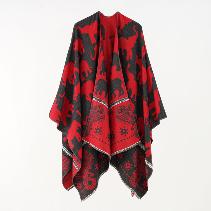 Ladies Jacquard Ruana with elephant motif and ornamental border Mune Fashion