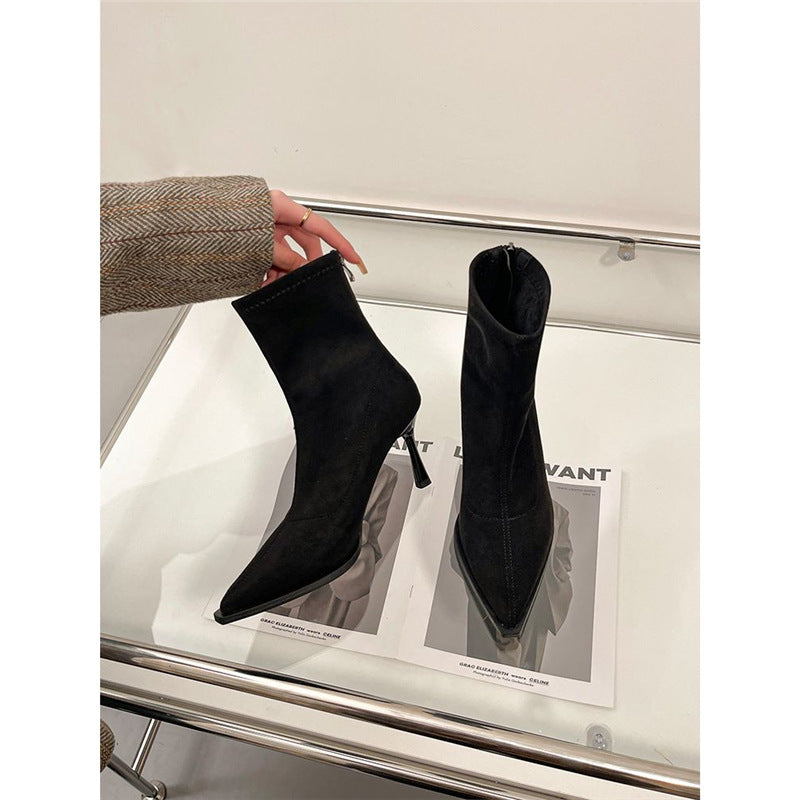 Women pointed toe ankle boots made of suede look with sock-like shaft and slim stiletto heel Mune Fashion