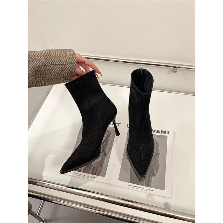 Women pointed toe ankle boots made of suede look with sock-like shaft and slim stiletto heel Mune Fashion