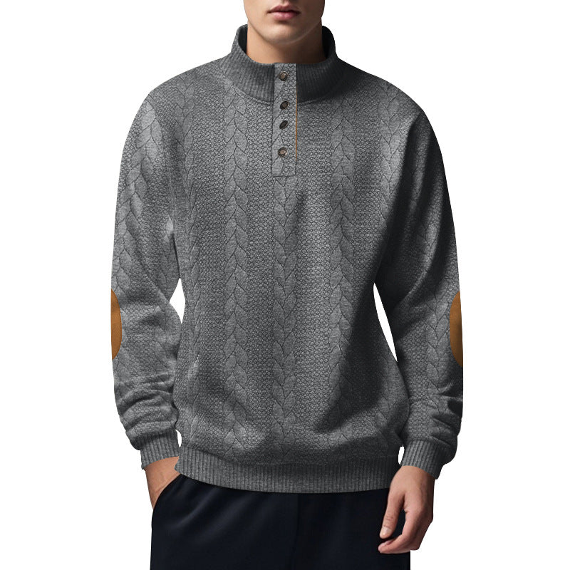 Men's structured cable knit Henley sweater with stand-up collar and elbow patches Mune Fashion
