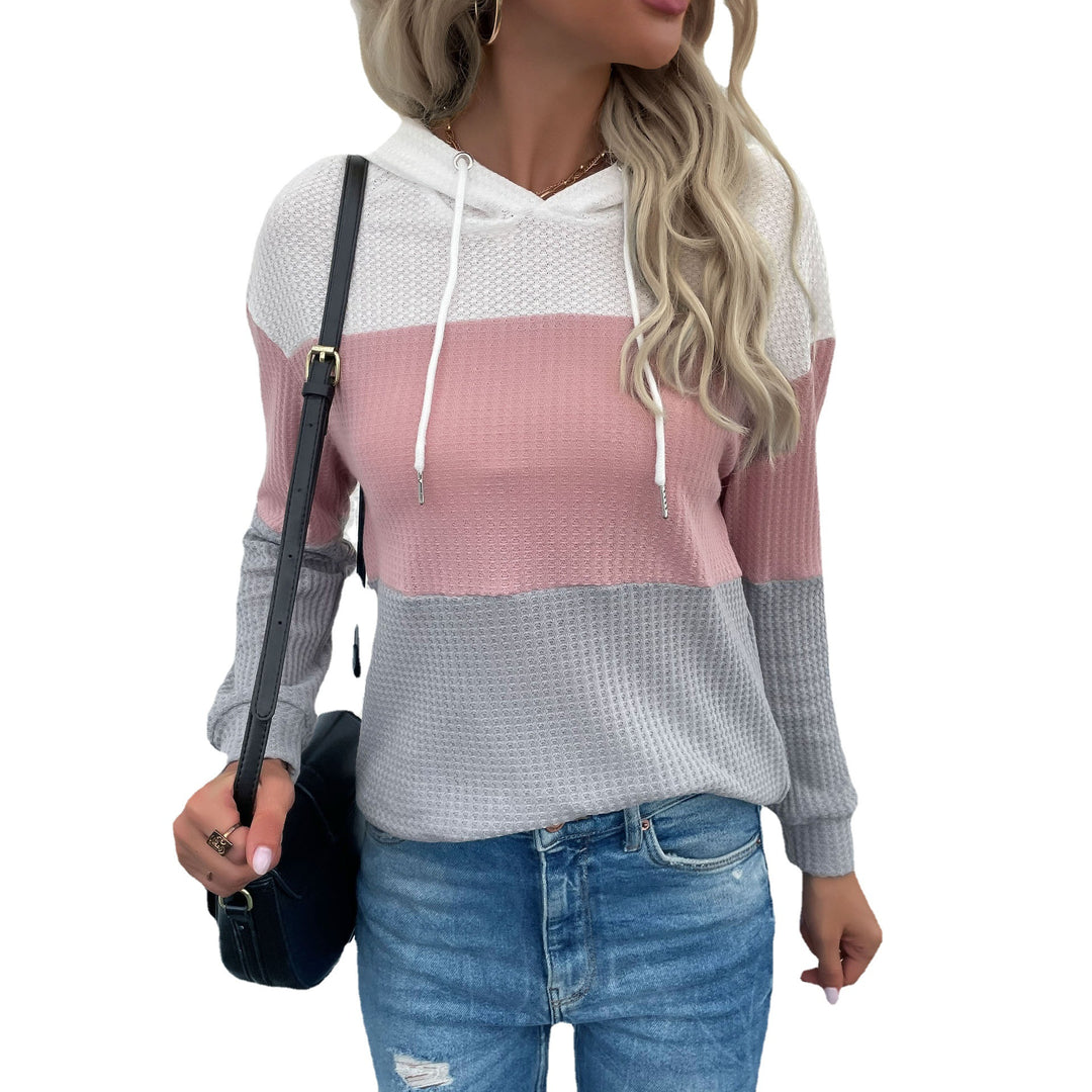 Women's Casual Knit Hoodie with Colorblock, Drawstring and Fine Waffle Pattern Mune Fashion