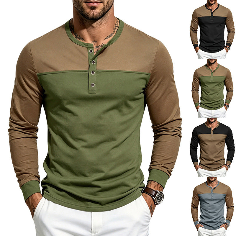 Men's Slim-Fit Henley Long Sleeve Shirt with Contrasting Insert and Button Placket Mune Fashion