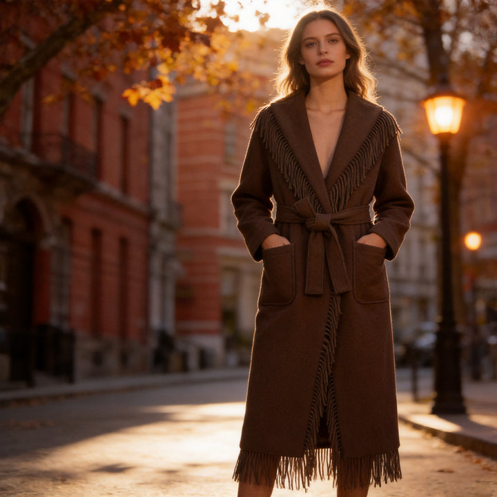 Women's Long Fringe Wrap Coat made of Wool Blend with Shawl Collar and Waist Belt Mune Fashion