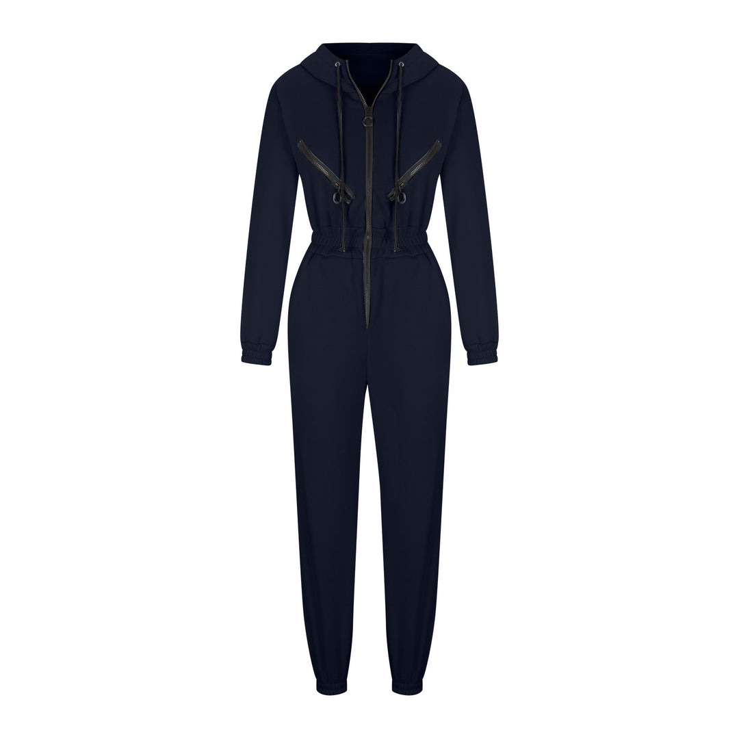 Women's tailored hooded jumpsuit with elastic waistband and striking contrast zippers Mune Fashion