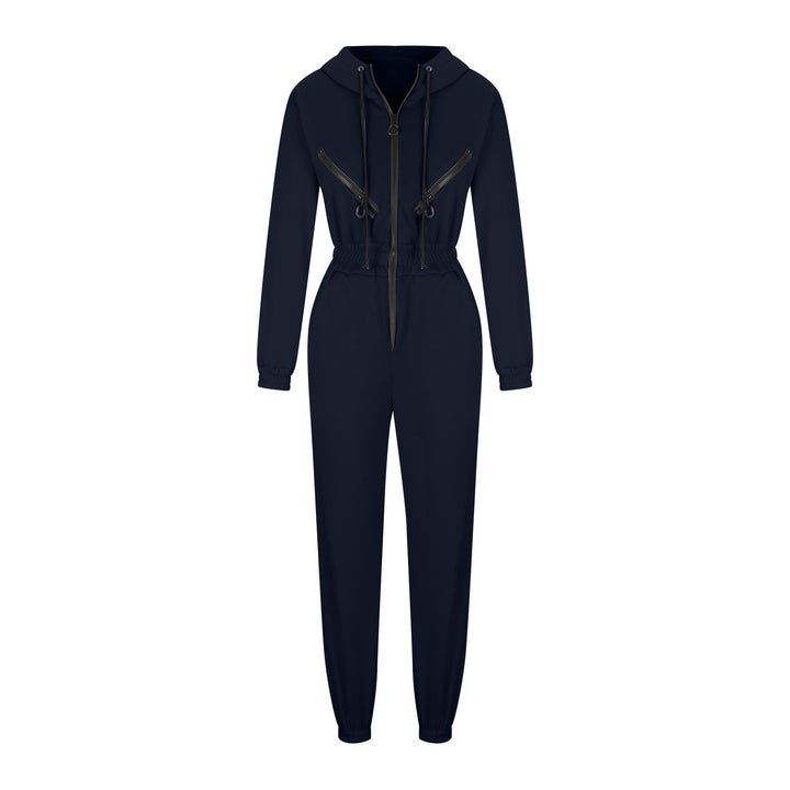 Women's tailored hooded jumpsuit with elastic waistband and striking contrast zippers Mune Fashion
