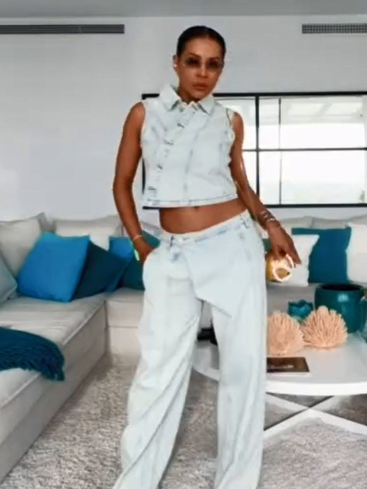 Women's Cropped Sleeveless Denim Set with Tailored Vest & Wide High-Waist Pants Mune Fashion