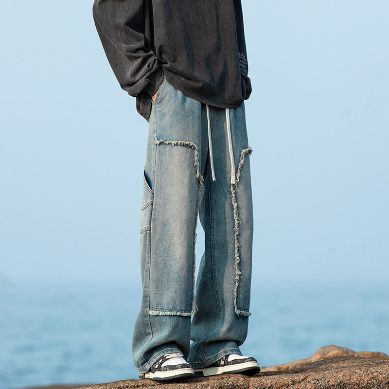 Men's Wide Denim Cargo Pants with Fringed Patch Pockets and Drawstring Waist Drune