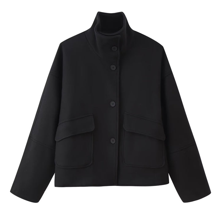 Women's Boxy Short Jacket made of Wool Blend with Stand-up Collar and Flap Pockets Mune Fashion