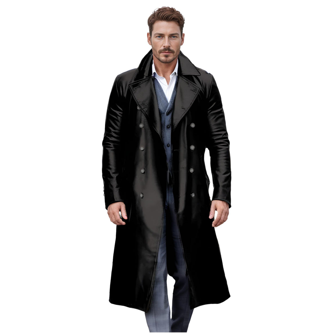 Men's Long Shiny Faux Leather Trench Coat with Double Breasted and Distinctive Lapel Mune Fashion