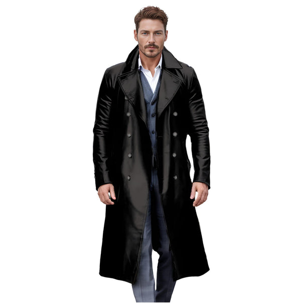 Men's Long Shiny Faux Leather Trench Coat with Double Breasted and Distinctive Lapel Mune Fashion