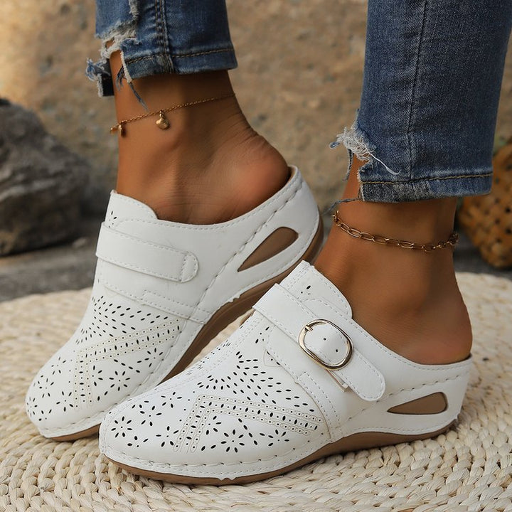 Women Breathable Faux Leather Mules with Ergonomic Comfort Footbed and Decorative Cut Mune Fashion
