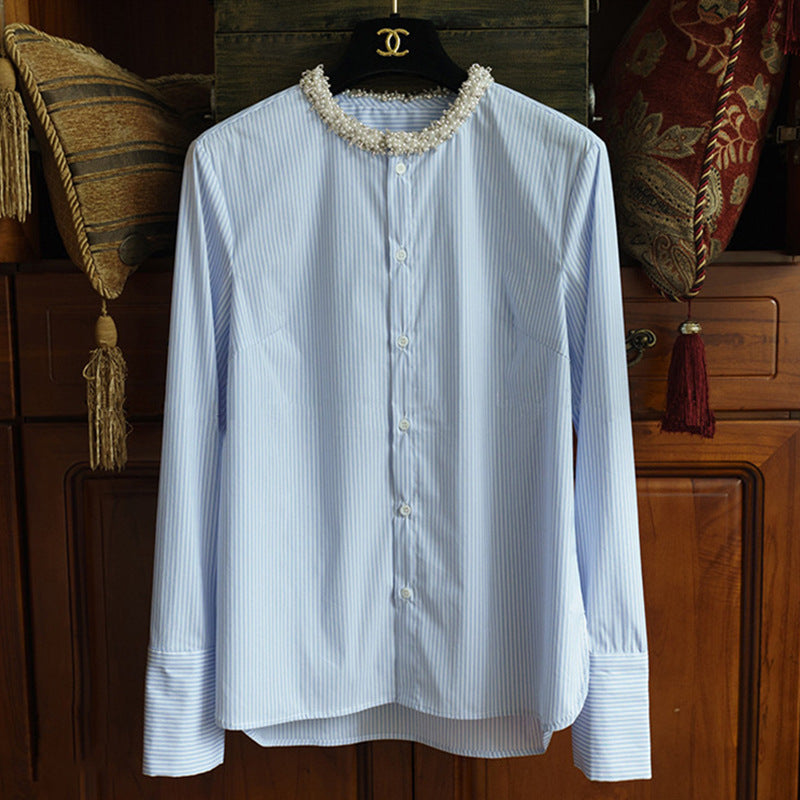 Women Elegant Long Sleeve Blouse with Pearl Decoration Drune