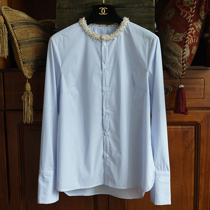 Women Elegant Long Sleeve Blouse with Pearl Decoration Drune