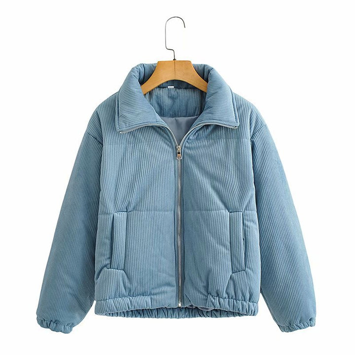 Women's Padded Cord Quilted Jacket with Stand-Up Collar and Elastic Hem Mune Fashion