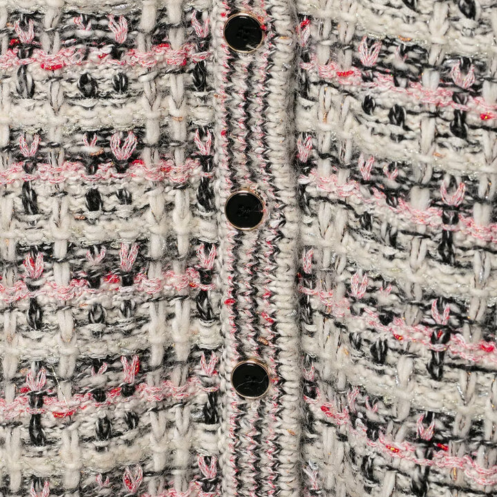 Women's tweed cardigan with round collar, continuous button placket and fringe trim Mune Fashion