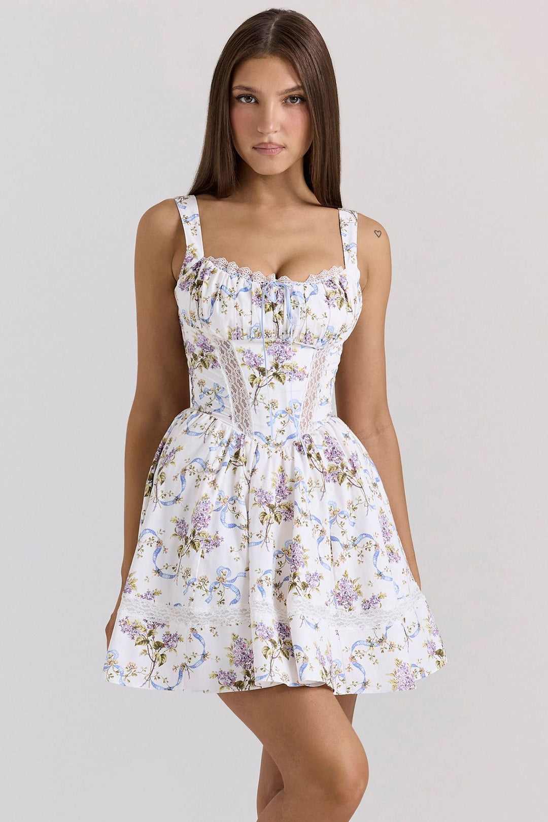 Ladies' nan corset mini dress with lace insert, gathered neckline, and tailored bodice construction Mune Fashion