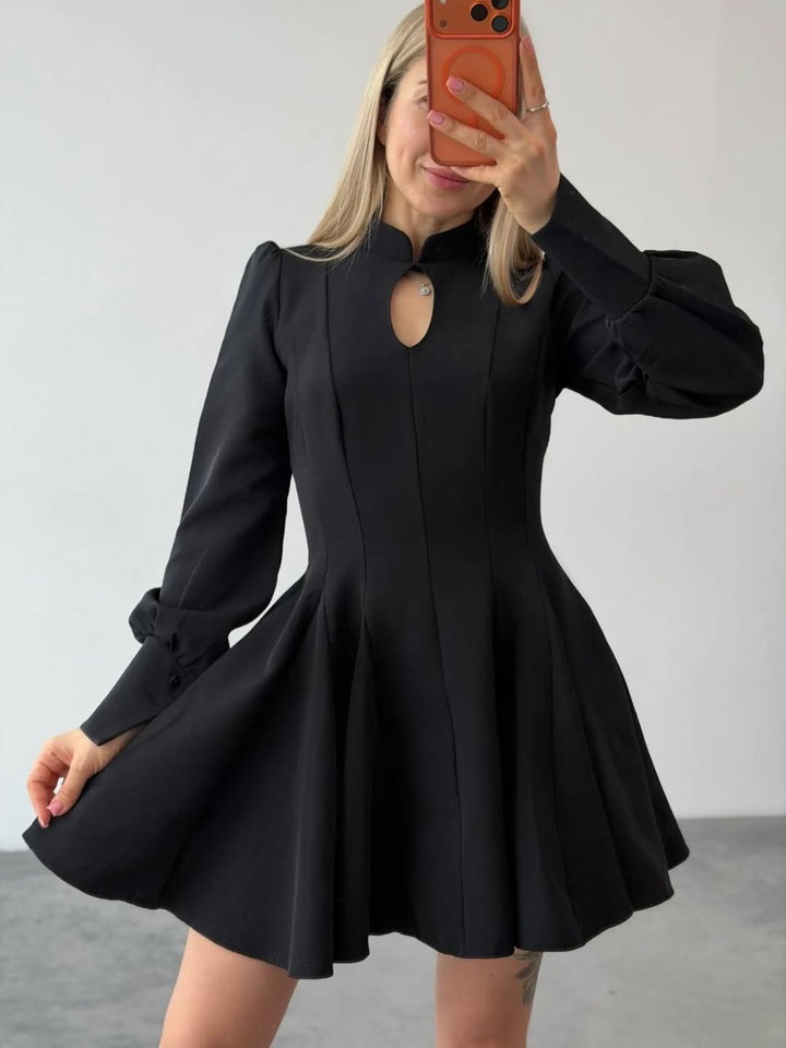 Women A-Line Mini Dress with Stand Collar, Slit Detail and Balloon Sleeves Mune Fashion