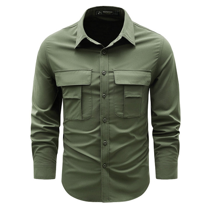 Men's lightweight travel utility shirt with double chest pockets, quick-drying ripstop fabric, and ergonomic cut.