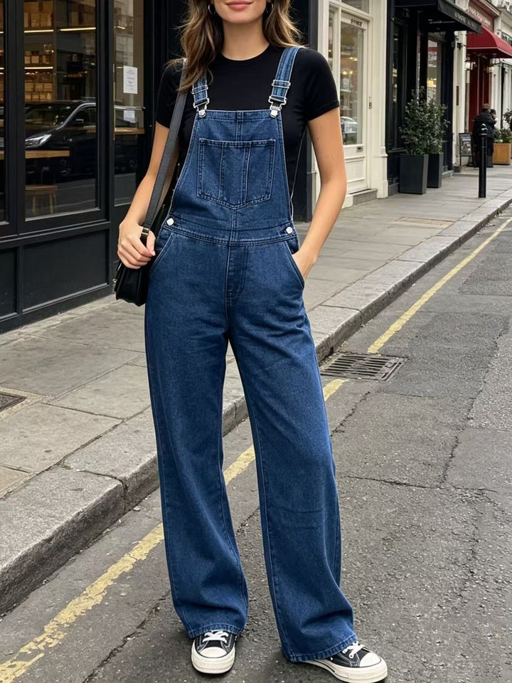 Women's wide denim overalls with high waist, adjustable straps and casual flared legs Mune Fashion