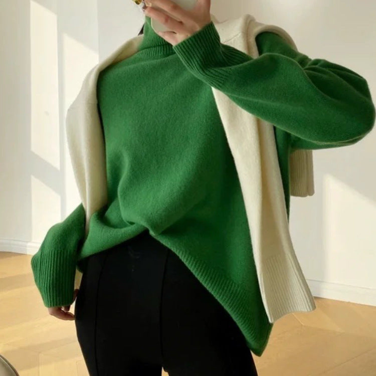 Women's Oversized Fine Knit Sweater with High Roll Neck and Side Slits Mune Fashion