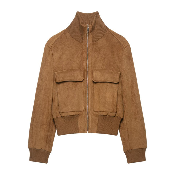 Women's Short Suede Look Bomber Jacket with Stand Collar, Flap Pockets and Ribbed Cuffs Mune Fashion