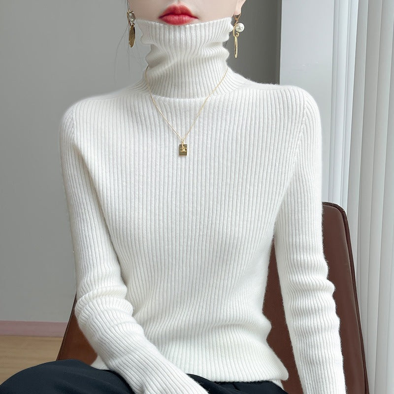 Women Slim Ribbed Knit Turtleneck Sweater with Ruffled Neck and Cashmere-like Feel Mune Fashion