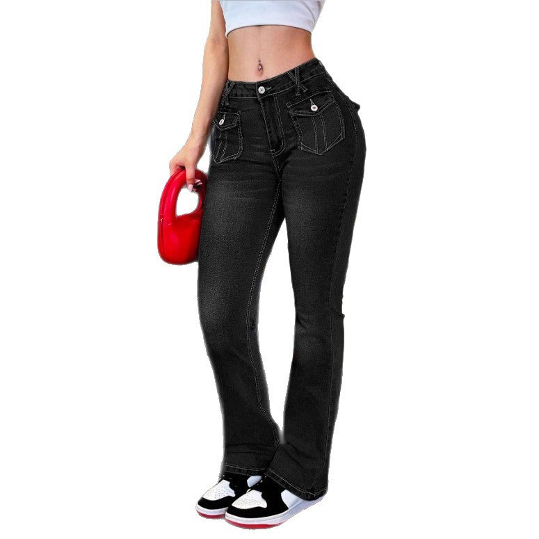Women's High-Waisted Stretch Jeans with Light Flare and Decorative Pockets Mune Fashion