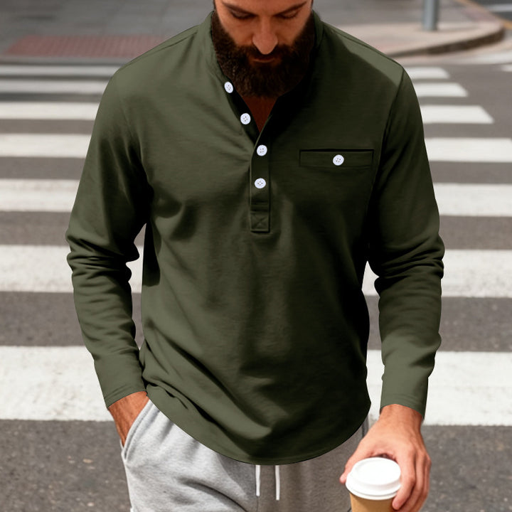 Men's long-sleeved Henley shirt with stand-up collar, breast pocket, and decorative button placket Mune Fashion