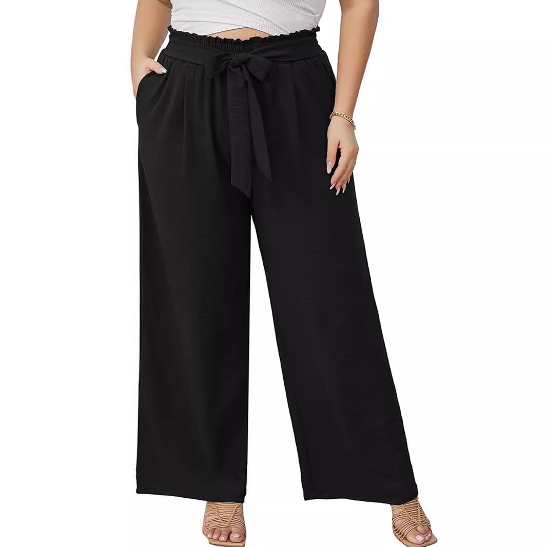 Women's paperbag pants with wide leg, elastic waistband, tie belt, and side pockets Mune Fashion