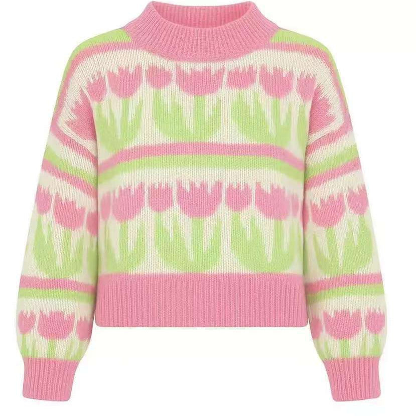 Women's chunky knit sweater with knitted heart patterns, high stand-up collar, and relaxed oversized silhouette Mune Fashion
