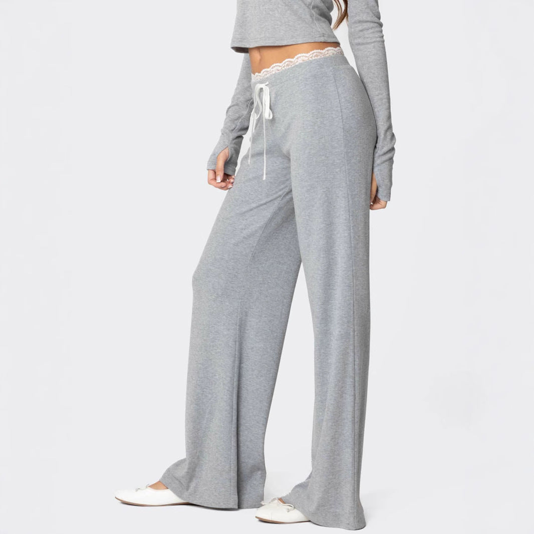 Ladies wide lounge pants with lace band and drawstring Mune Fashion