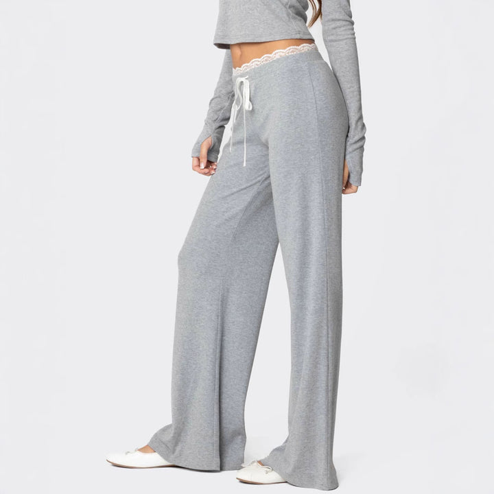 Ladies wide lounge pants with lace band and drawstring Mune Fashion