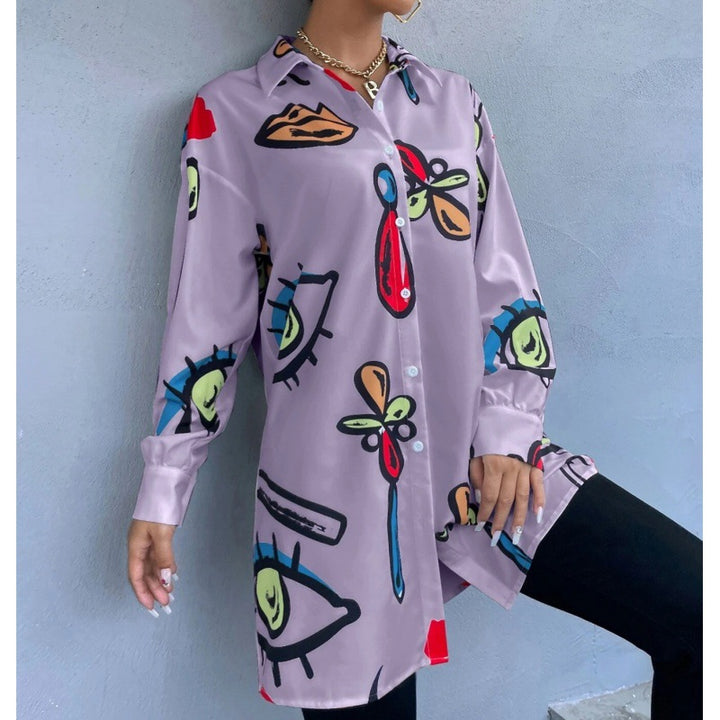 Women's Oversized Long Blouse with Pop Art Print, Shirt Collar and Continuous Button Placket Mune Fashion