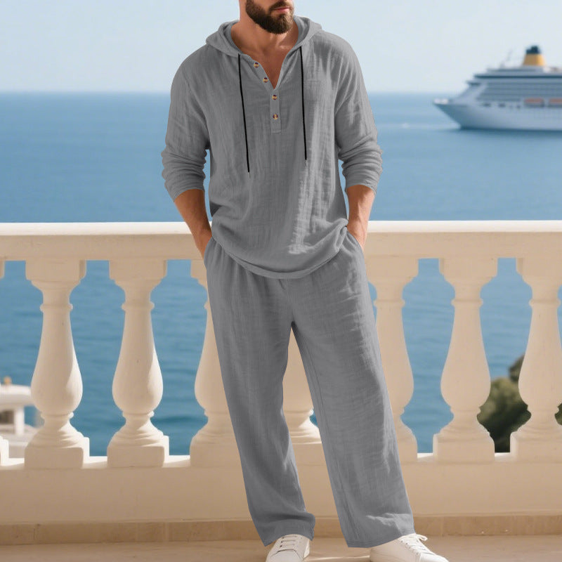 Men's casual linen two-piece set with hooded Henley-style shirt and loose-fitting leisure pants Mune Fashion