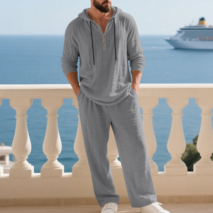 Men's casual linen two-piece set with hooded Henley-style shirt and loose-fitting leisure pants Mune Fashion
