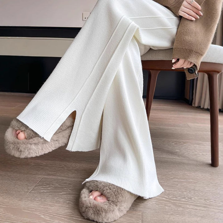 Ladies Stylish Ribbed Knit Pants with Side Slits Mune Fashion