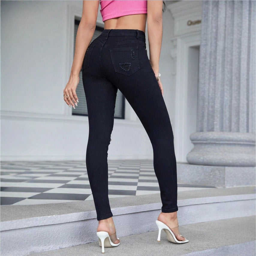 Ladies High-Waist Skinny Jeans with strong Destroy Effect Mune Fashion