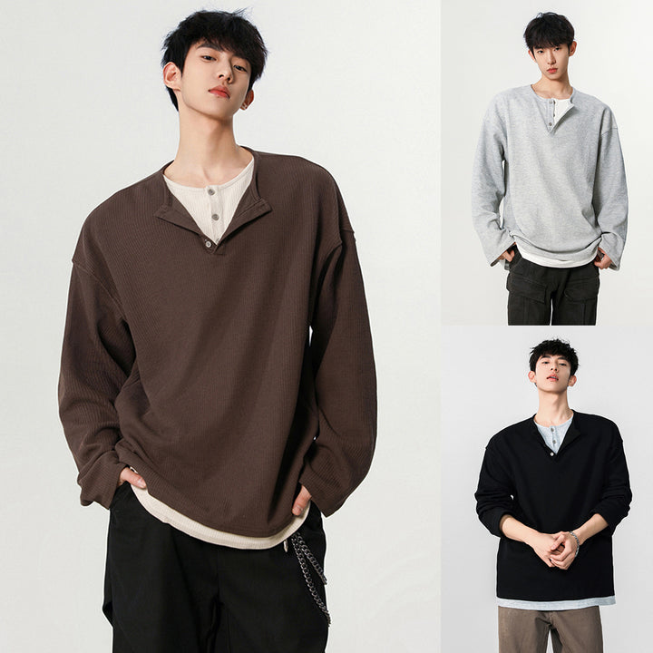 Men's Fashionable Oversized Henley Shirt with Textured Surface Mune Fashion
